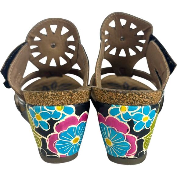 Elite by Corkys Scilly Leather Wedge Slide Sandals Black Floral Women's Size 11 - Picture 9 of 15